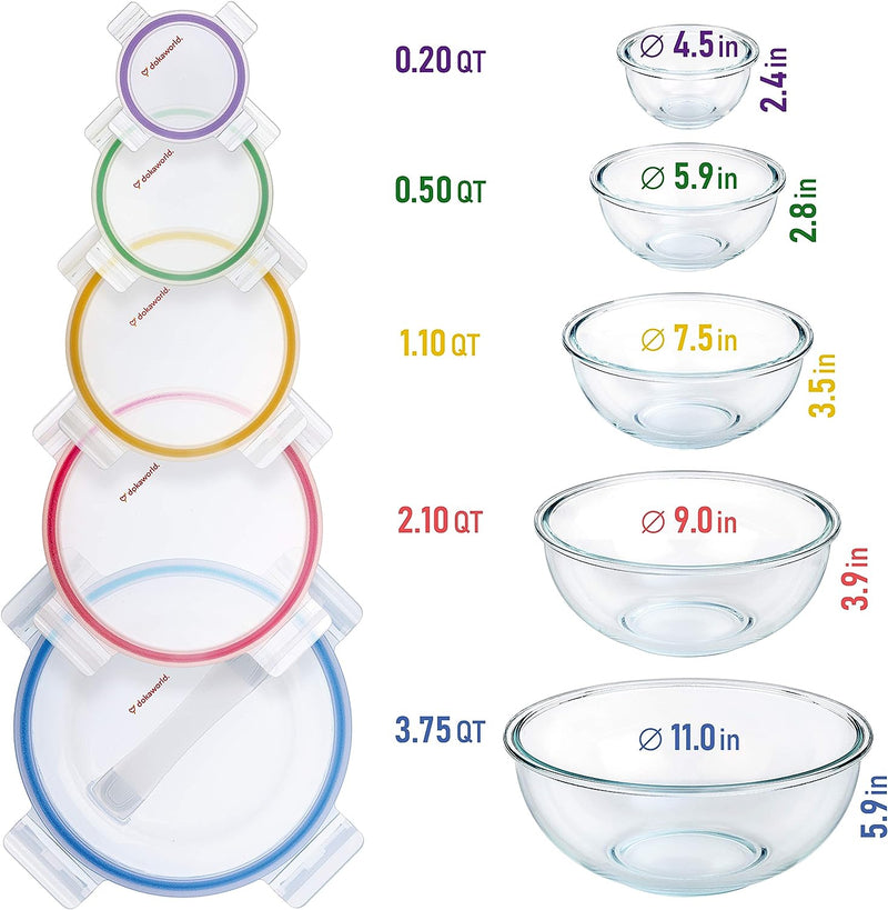 Collapsible Glass Mixing Bowls - 5 Stackable with Lids Microwave Safe Bamboo Salad  Baking Bowls