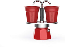 Bialetti - Mini Express Color: Moka Set includes Coffee Maker 2-Cup (2.8 Oz) + 2 shot glasses, Red, Aluminium