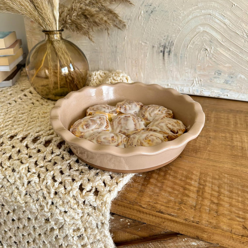 Modern Farmhouse Ceramic Pie Pan - Deep Fluted Dish for Baking - Vanilla White