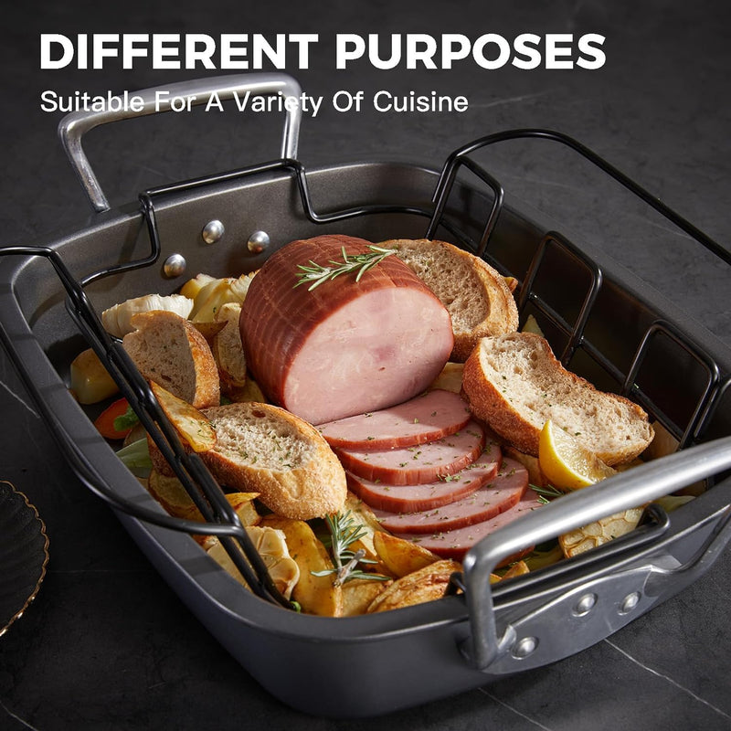 HONGBAKE Nonstick Turkey Roasting Pan with Rack 17x13 - for Large Turkey  Chicken Heavy Duty Dark Grey