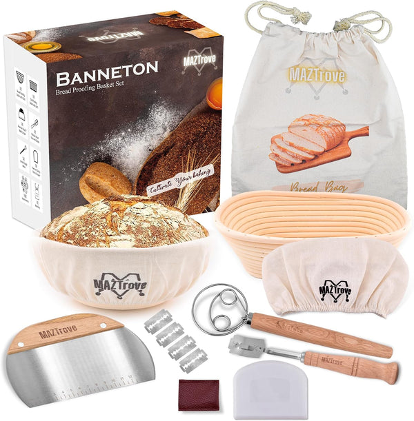 Banneton Bread Proofing Basket Set - 10 Oval and 9 Round Rattan Sourdough Baking Supplies