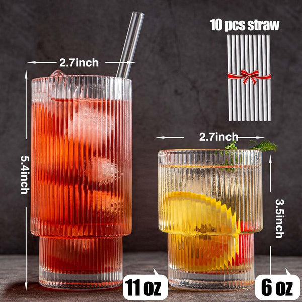 Claplante Drinking Glasses, Origami Style 8 pcs Glass Cups with straw, 4 Highball Glasses & 4 Rocks Glasses, Elegant Ripple Vintage Glassware, Iced Coffee Glasses, Ideal for Cocktail, Whiskey, Juice