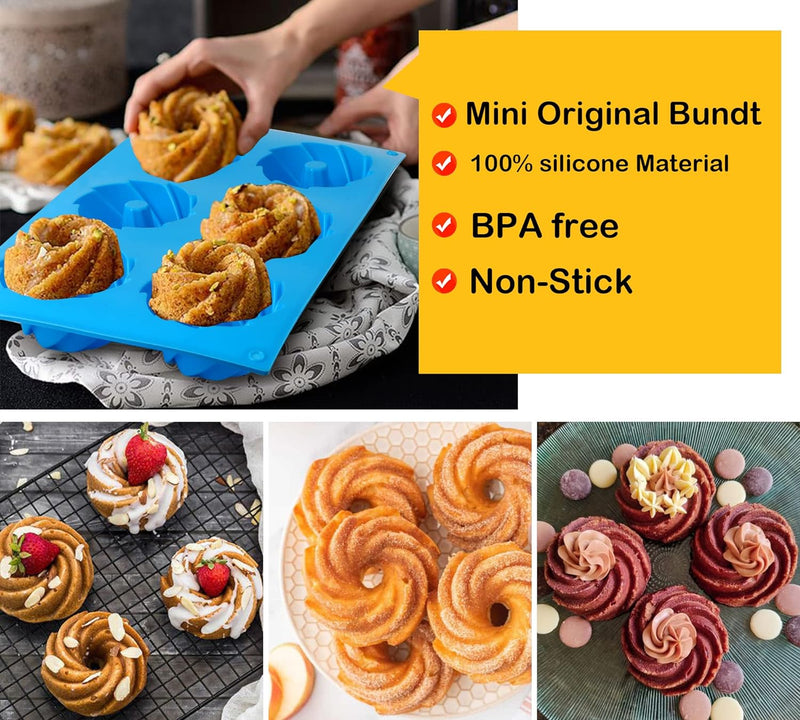 3PCS Mini Bundt Cake Pan Non-Stick Silicone Mold for Fluted Tube Cakes