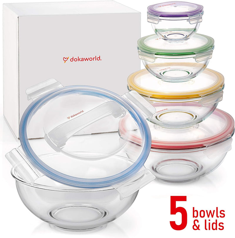 Collapsible Glass Mixing Bowls - 5 Stackable with Lids Microwave Safe Bamboo Salad  Baking Bowls