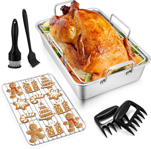Joyfair 14-inch Stainless Steel Roasting Pan with Rack - Turkey  Chicken Meat Baking Dish - Lasagna Pan with Riveted Handle