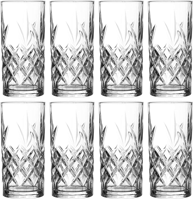 Royalty Art Kinsley Tall Highball Glasses Set of 8, 12 Ounce Cups, Textured Designer Glassware for Drinking Water, Beer, or Soda, Trendy and Elegant Dishware, Dishwasher Safe (Hiball)