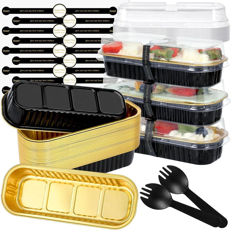 JuneHeart Aluminum Foil Mini Loaf Pans with Lids and Spoons - 100 Pack Black - 68oz Rectangle Baking Containers