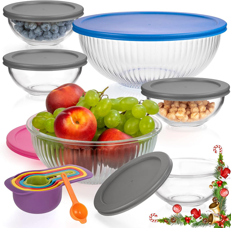 Collapsible Glass Mixing Bowls - 5 Stackable with Lids Microwave Safe Bamboo Salad  Baking Bowls