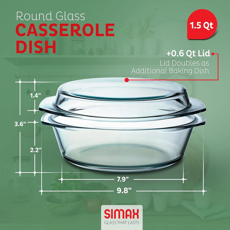 Simax Glass Round Casserole Dish with Lid and Handles - 35 Quart Microwave and Oven Safe