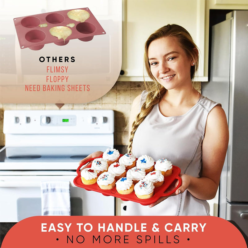 Bake Boss 6-Cup Large Muffin Pan w Handles - Non-Stick Silicone Cupcake Molds BPA-Free Red