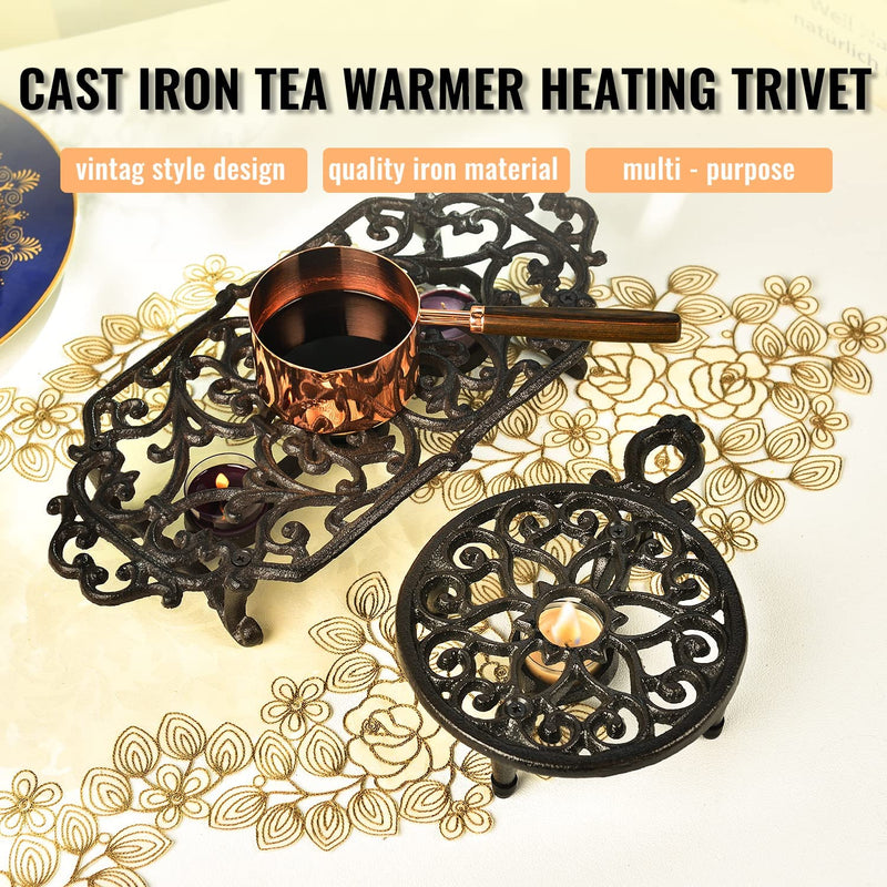 Sungmor Cast Iron Teapot Warmer Dish Cups Heater Pot Trivet - Rustic & Graceful Pattern Design with Tealight Holder - Heavy Duty & Decorative Candle Holder Stands for Heat Food Coffee Milk or Tea