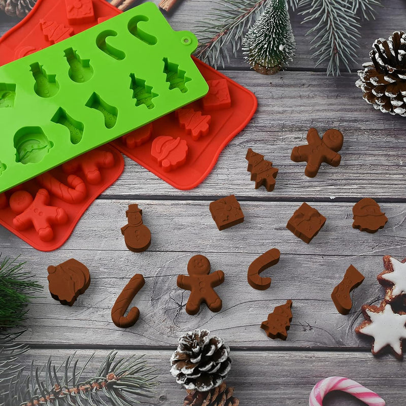 Christmas Silicone Chocolate and Candy Molds - 6 Pack Reusable Non-stick Xmas Themed RedGreen