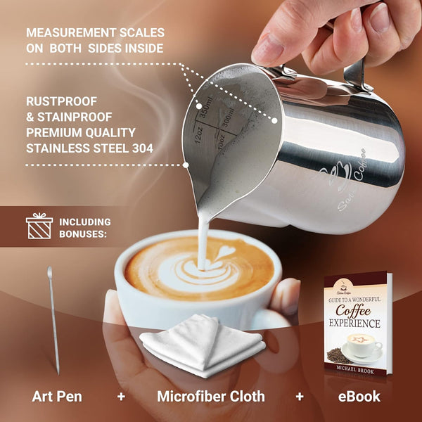 Milk Frothing Pitcher 12oz 350ml - Milk Jug 12 20 30oz - Measurements on Both Sides Inside Plus eBook - Stainless Steel Milk Frother Pitcher Espresso Cappuccino Coffee Latte Art Cup Steaming Pitcher