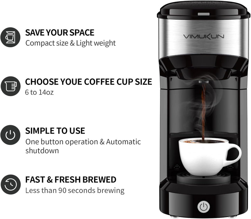 Vimukun Single Serve Coffee Maker, Single Cup Coffee Maker for K-Cup Pods and Ground Coffee, One Cup Coffee Machine with 6 to 14oz Reservoir, Small Size(Black)