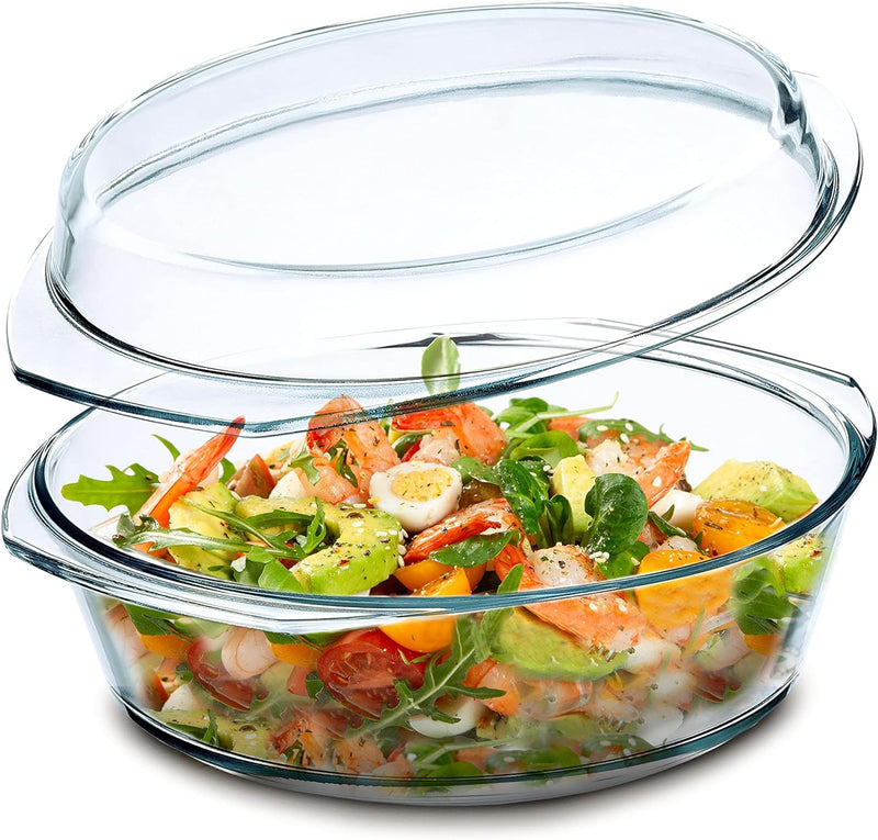 Simax Glass Round Casserole Dish with Lid and Handles - 35 Quart Microwave and Oven Safe