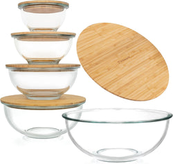 Collapsible Glass Mixing Bowls - 5 Stackable with Lids Microwave Safe Bamboo Salad  Baking Bowls