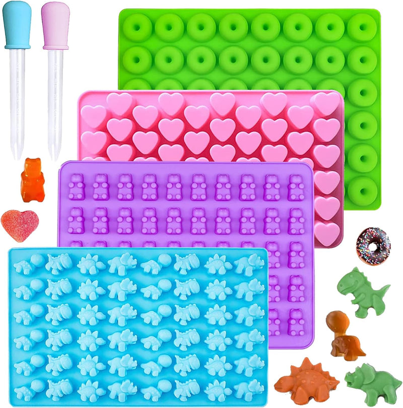 Silicone Gummy Bear Molds - 32PCS Non-stick Chocolate Fondant Mold with 18 Shapes for Candies and 4 Droppers - Dinosaur Donut and Animal Shaped - Including Clean Brush and Storage Box with Wrappers