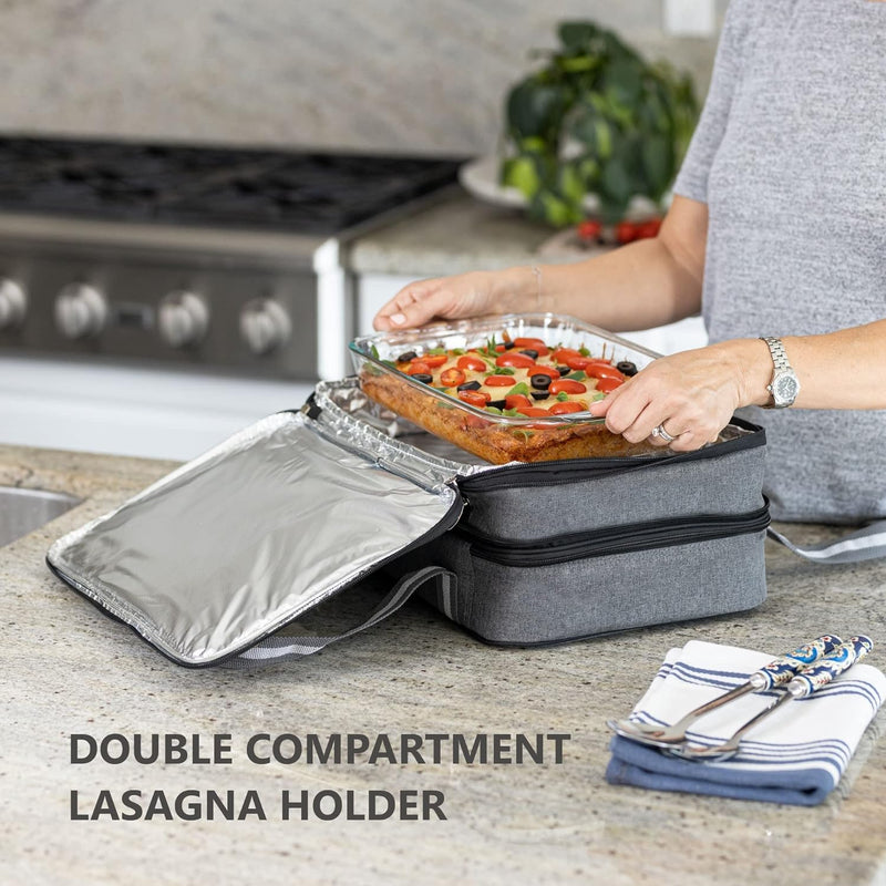 Insulated Casserole Carrier for HotCold Food Expandable Double Thermal Bag - Gray Fits 9x13 and 11x15 Baking Dish for PicnicsPotlucksCookouts - Lasagna Holder