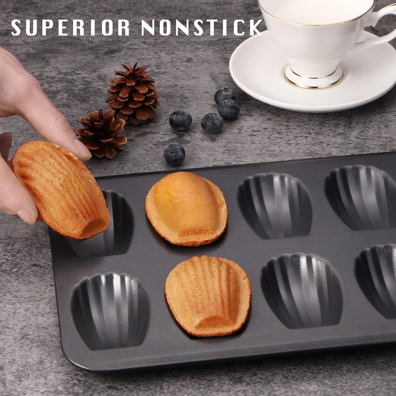 HONGBAKE Nonstick Madeleine Pan 2 Pack - Heavy Duty 12-Cavity Shell Shaped Cake Trays for Oven Baking Champagne Gold