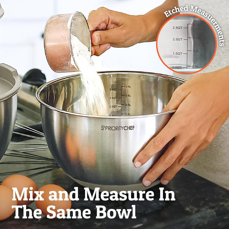 Premium Mixing Bowl Set with Airtight Lids - Thicker Stainless Steel - 152345 Qrt - Black