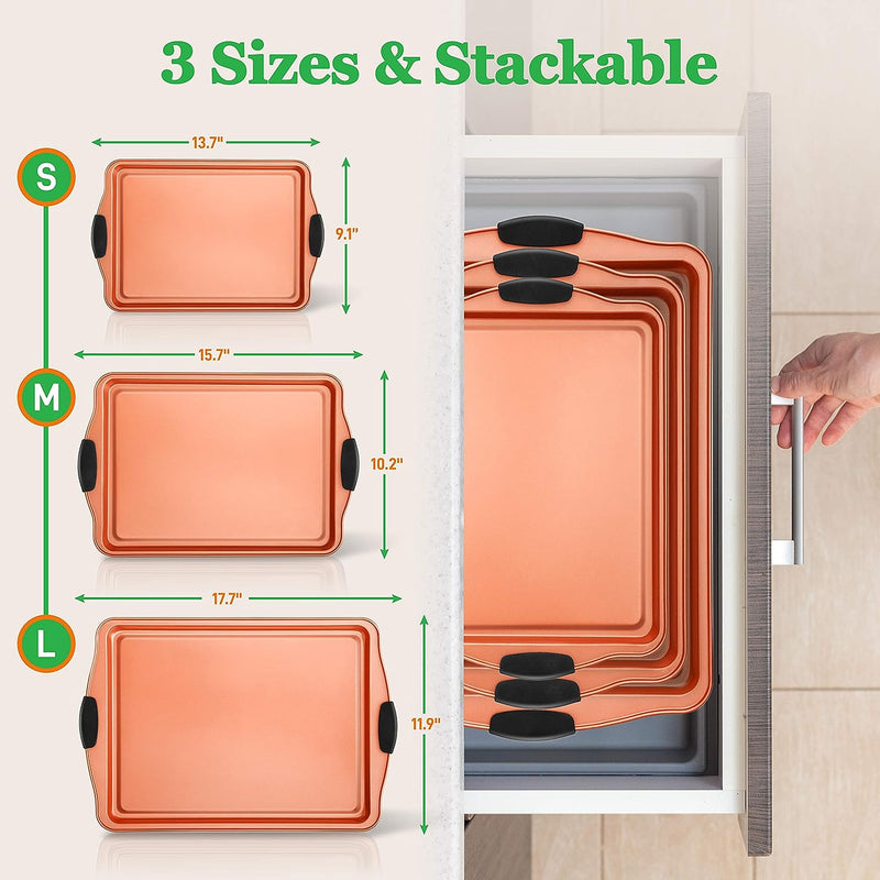 Nonstick Bakeware Set with Silicone Handles - Carbon Steel Baking Pans - PFOA PFOS PTFE Free 3-Piece