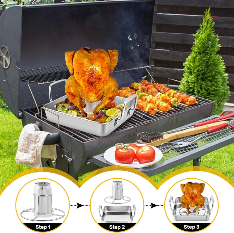 9-inch Beer Can Chicken Roaster with 2 Pans and Racks - Stainless Steel