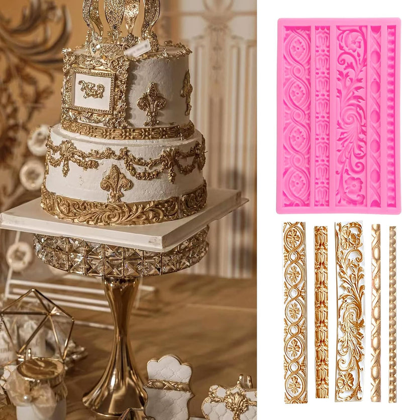 Rainmae 5 Pcs Baroque Style Fondant Silicone Mold - 3D Lace Relief Filigree Sculpture for Crafts  Baking