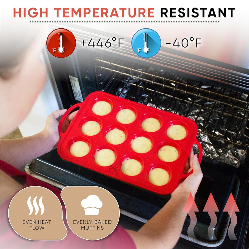 Bake Boss 6-Cup Large Muffin Pan w Handles - Non-Stick Silicone Cupcake Molds BPA-Free Red