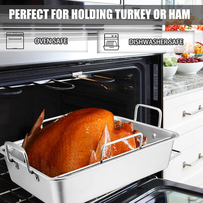 TeamFar Roasting Pan - Stainless Steel Turkey Roaster with V-Rack Cooling Rack Beer Can Chicken Holder Meat Claws and Silicone Brush