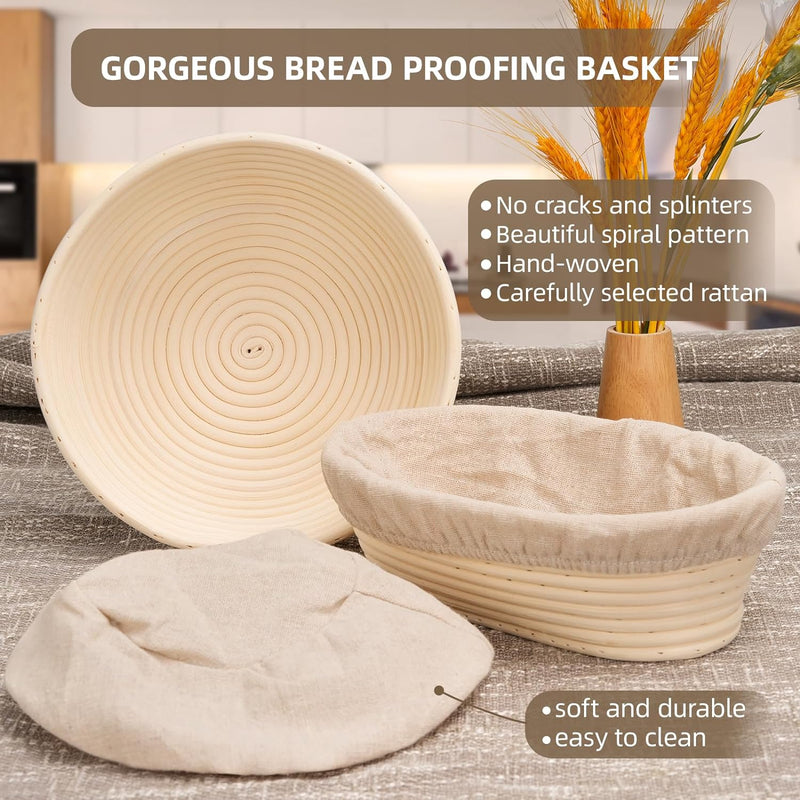 Sourdough Proofing Basket Set - 2 Round Baskets with Liner and Lame