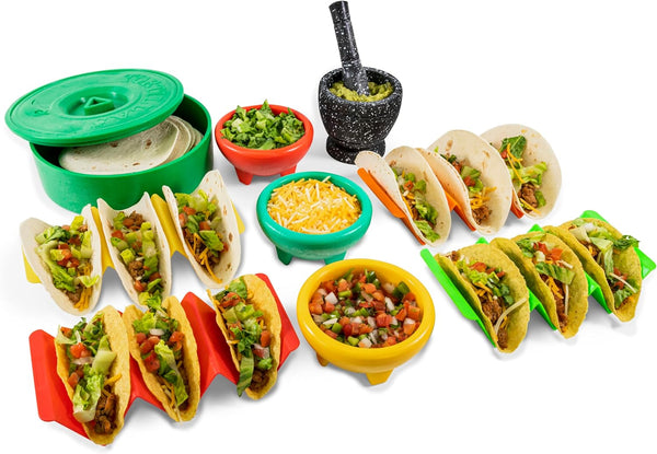 Taco Tuesday Complete Taco Serving Set with Tortilla Warmer, Salsa Bowls, Shell Holders, and Mortar and Pestle - 9-Piece Set - Red, Yellow, and Green