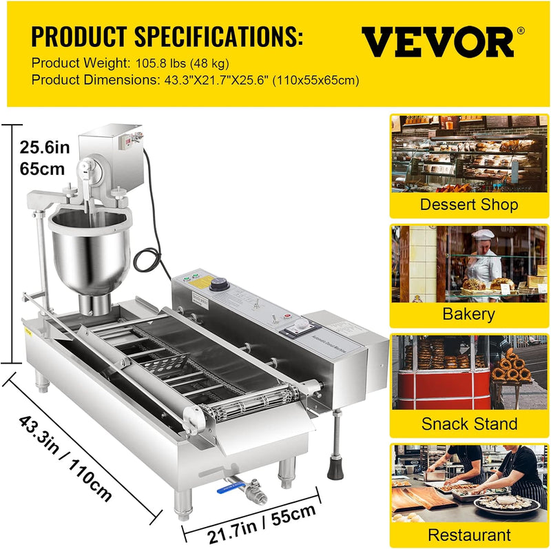 Commercial Donut Making Machine with 7L Hopper and 3 Sizes Molds 304 Stainless Steel Auto Fryer