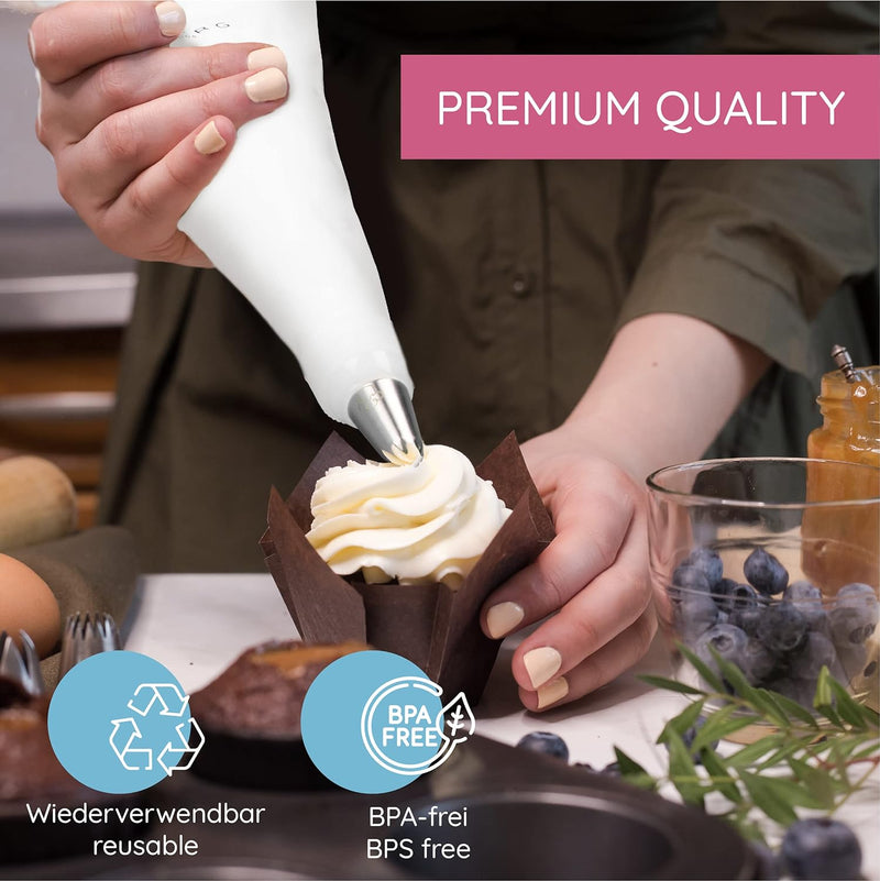 Professional Cupcake Kit - Large Icing Piping Bag and Tips Set - Reusable - Premium Baking Supplies