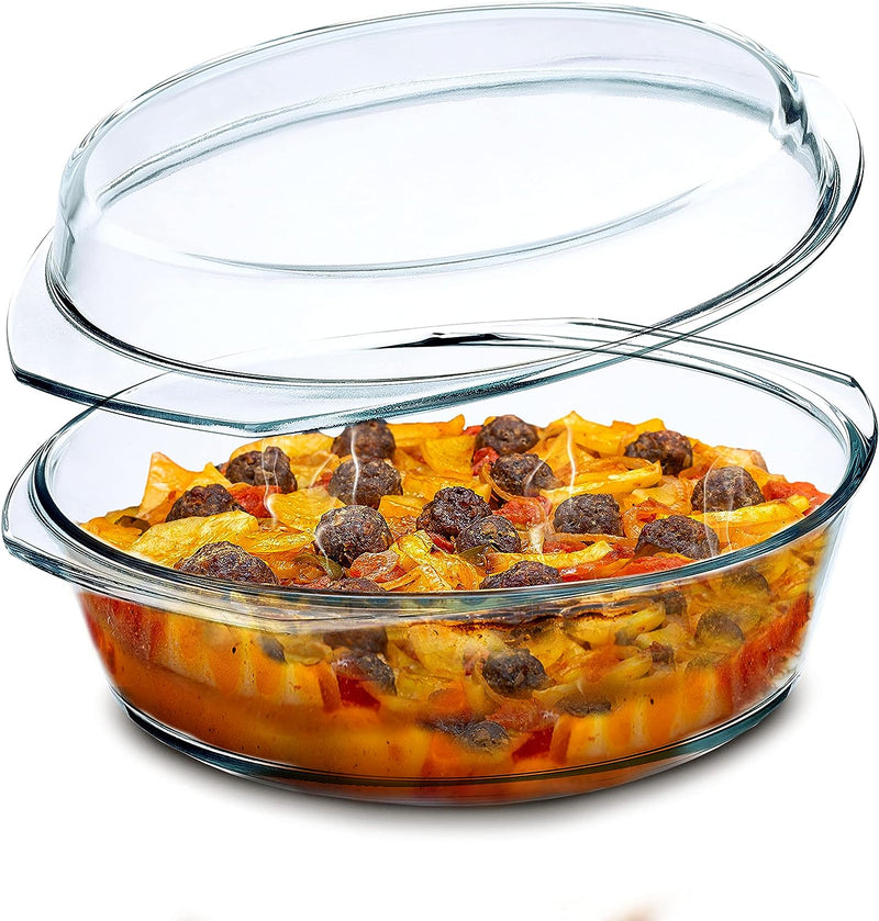 Simax Glass Round Casserole Dish with Lid and Handles - 35 Quart Microwave and Oven Safe