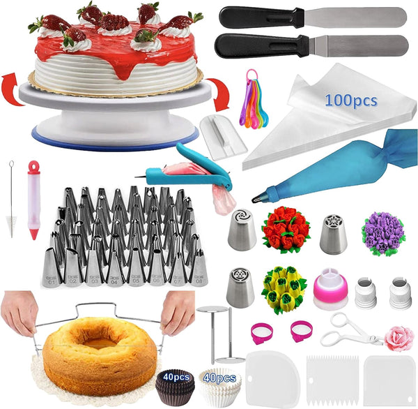 Baking Set for Beginners - 206 PCS Cake Decorating Supplies Kit with Turntable and Piping Tips - Cake Lovers Must-Have