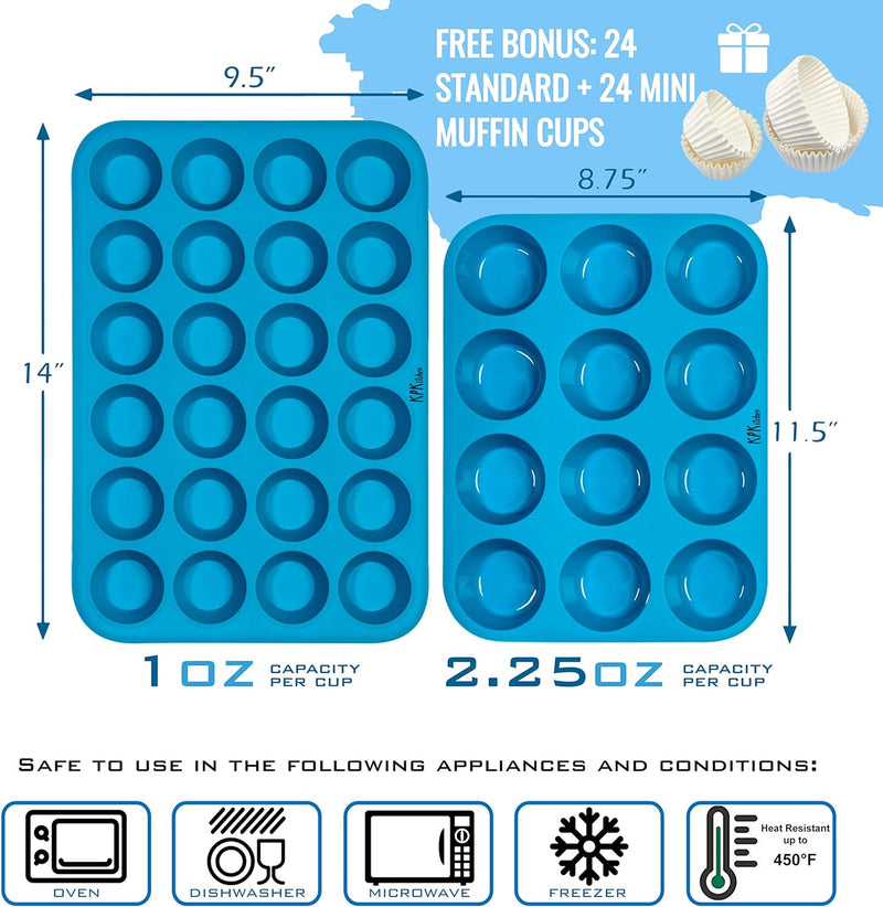 Silicone Muffin Pan and Mini Cupcake Baking Set - 12  24 Cup - Non Stick Tin with Free Recipe eBook  Cups