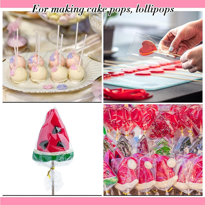 Lollipop Cake Pop Treat Bag Set, Including 100 Parcel Bags 100 Papery Treat Sticks Metallic Twist Ties and Meat Baller with Handles, Cake Pops Making Tools for Candies, Chocolates and Cookies