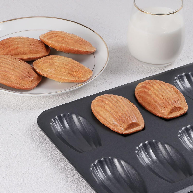 HONGBAKE Nonstick Madeleine Pan 2 Pack - Heavy Duty 12-Cavity Shell Shaped Cake Trays for Oven Baking Champagne Gold