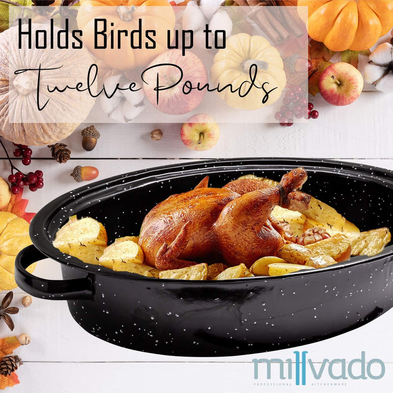 Millvado Roasting Pan with Lid - Extra Large Thanksgiving Turkey Roaster - 20 lb Capacity - Granite Enamel Steel Cookware