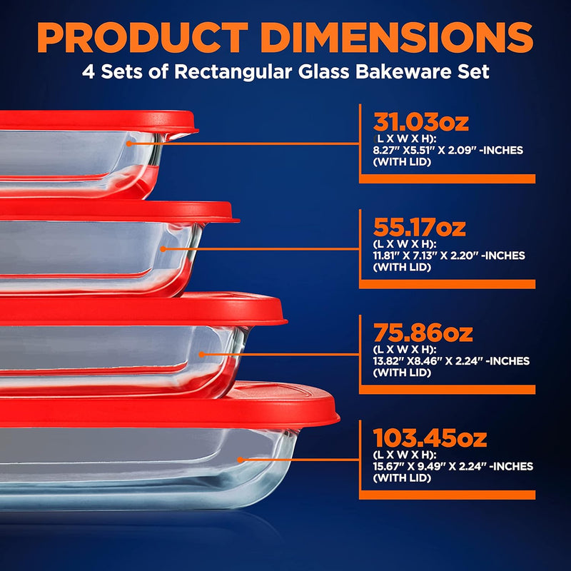 NutriChef Glass Bakeware Set - Rectangular Baking Dish with Lids Freezer-to-Oven Casserole Tray Stackable and Dishwasher Safe