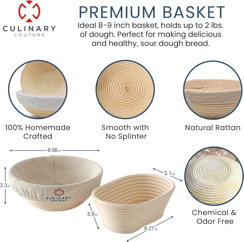 Sourdough Proofing Basket Set with Scraper Lame Whisk and Blades - Complete Starter Kit