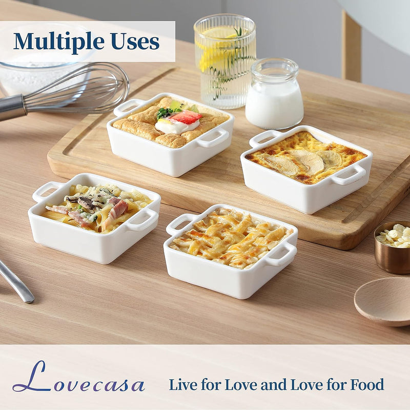 LOVECASA 7 OZ Creme Brulee Ramekins Double Handled Ceramic Baking Dishes Set of 6 - White