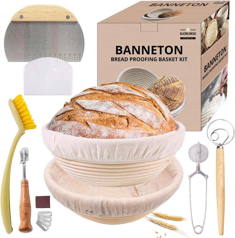 TRAILBLAZE Sourdough Baking Supplies - 2 Oval Banneton Baskets Bread Lame Whisk Scraper Duster