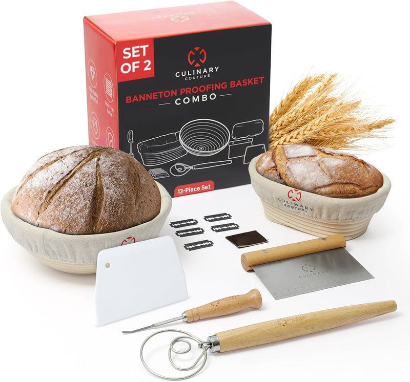 Sourdough Proofing Basket Set with Scraper Lame Whisk and Blades - Complete Starter Kit