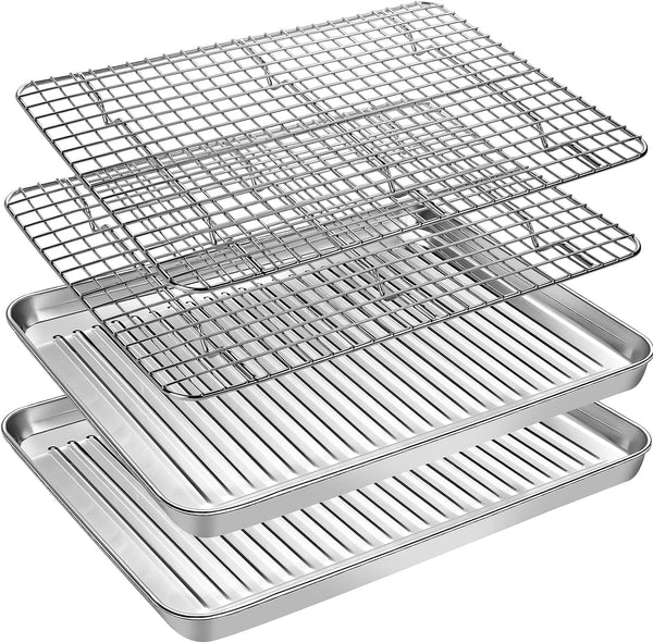 Stainless Steel Baking Sheet and Cooling Rack Set - Heavy Duty Nonstick - 2 Pans 2 Racks - 16 x 12 x 1 Inches