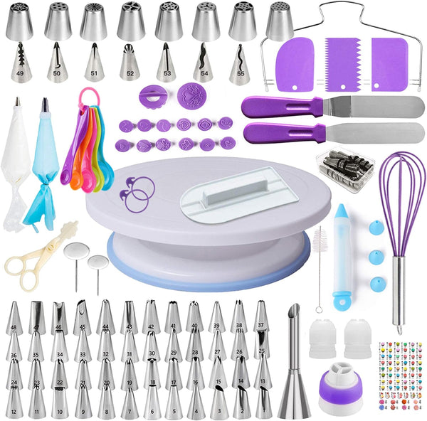 Cake Decorating Kit for Beginners - 138 Piece Set with Turntable Stand Icing Tips Spatula and Russian Piping Nozzles