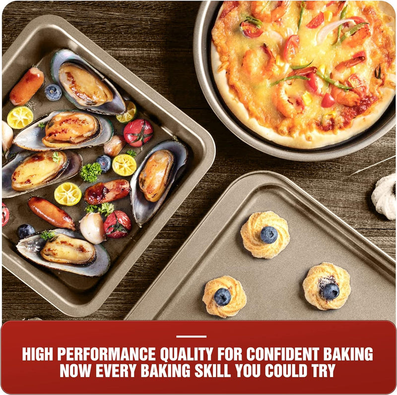 KITESSENSU Nonstick Bakeware Set 7-Piece Carbon Steel Baking Pans with Round and Square Cake Pan Loaf Muffin Cookie Sheet and Roast Cooling Rack