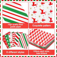 CCINEE 600Pcs Christmas Candy Wrappers Christmas Caramel Chocolate Wrapper Tissues Xmas Greaseproof Twisting Wax Homemade Wrapping Paper for Candy Packaging Christmas Birthday Party, 6 Styles