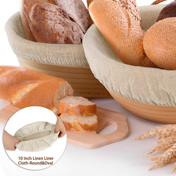 6-Piece Bread Banneton Proofing Basket Set - 10 Inch Oval Natural Rattan with Liner and Cloth Cover