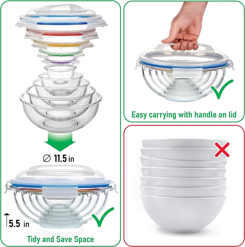 Collapsible Glass Mixing Bowls - 5 Stackable with Lids Microwave Safe Bamboo Salad  Baking Bowls